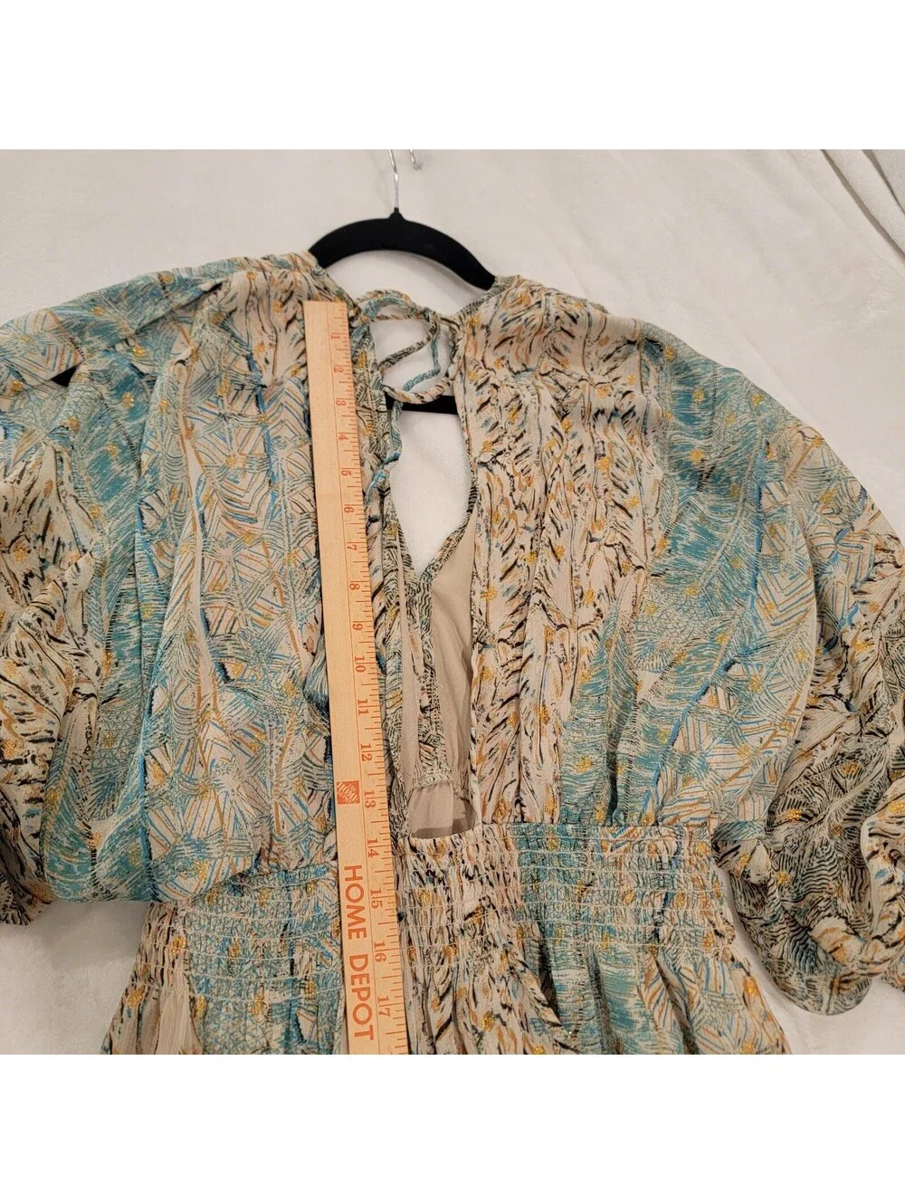 Lovestitch Boho Mini Dress Open Back Gold Foil Split Sleeve Smocked Blue M